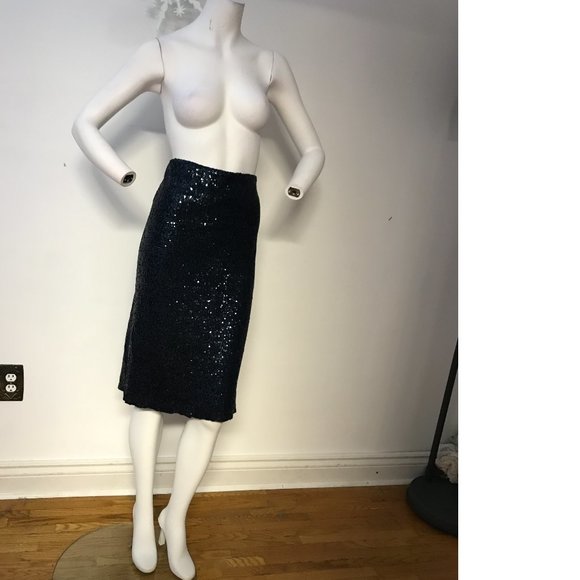 FOREVER 21 Shiny Metallic Navy Blue Black Sparkle Sequin Pencil Skirt NWT - Picture 5 of 5